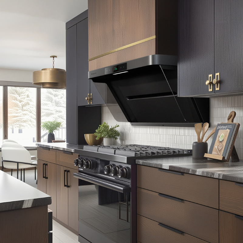 Contemporary angled black range hood installed in modern kitchen with two-tone cabinetry featuring dark upper and wooden lower cabinets with gold hardware