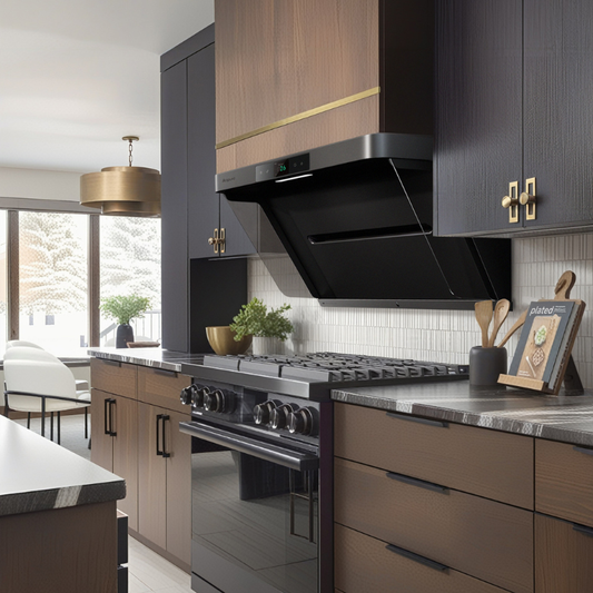 Contemporary angled black range hood installed in modern kitchen with two-tone cabinetry featuring dark upper and wooden lower cabinets with gold hardware