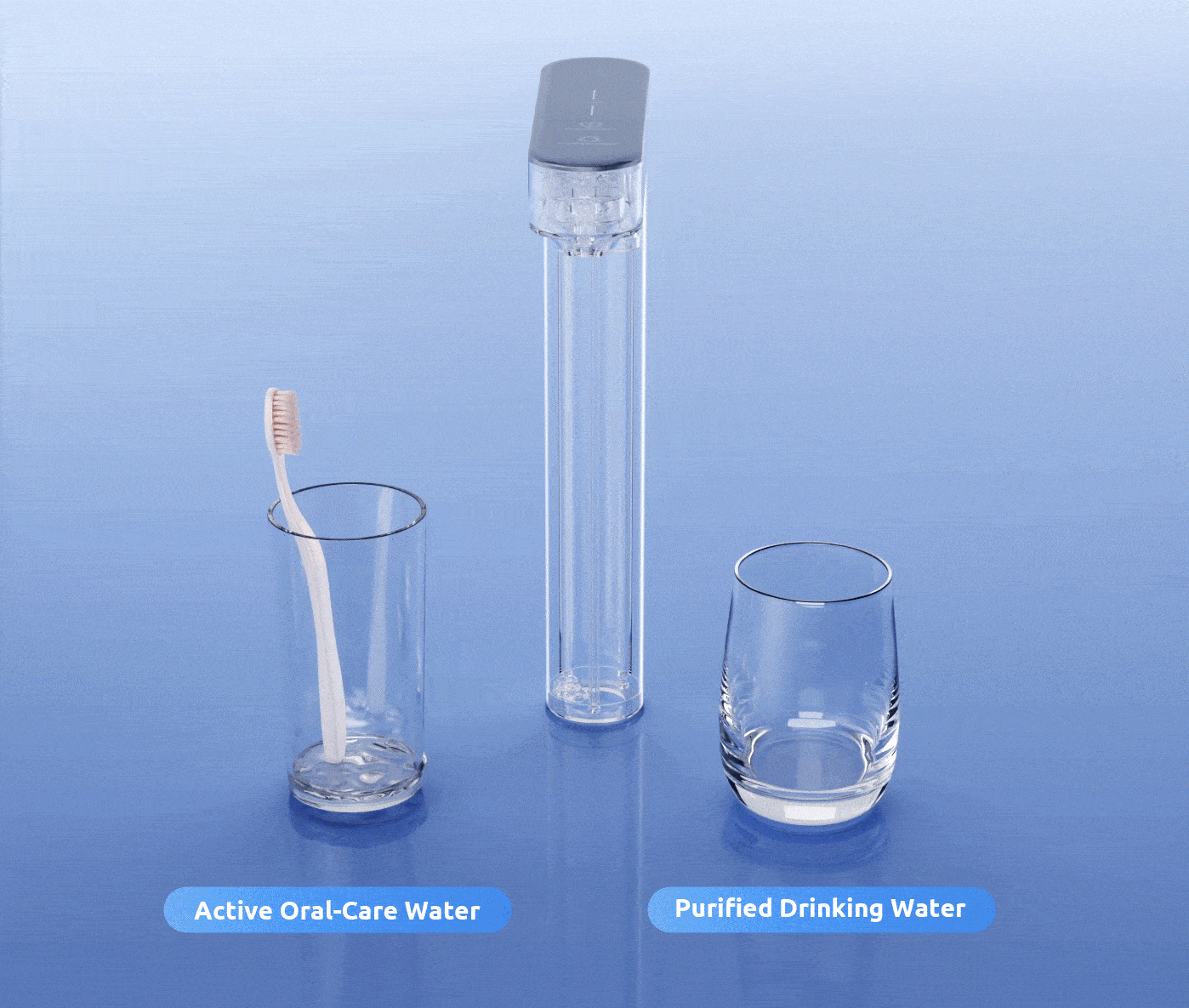 E-PUROS dual-outlet faucet dispensing active oral-care water for rinsing and purified drinking water into separate glasses.
