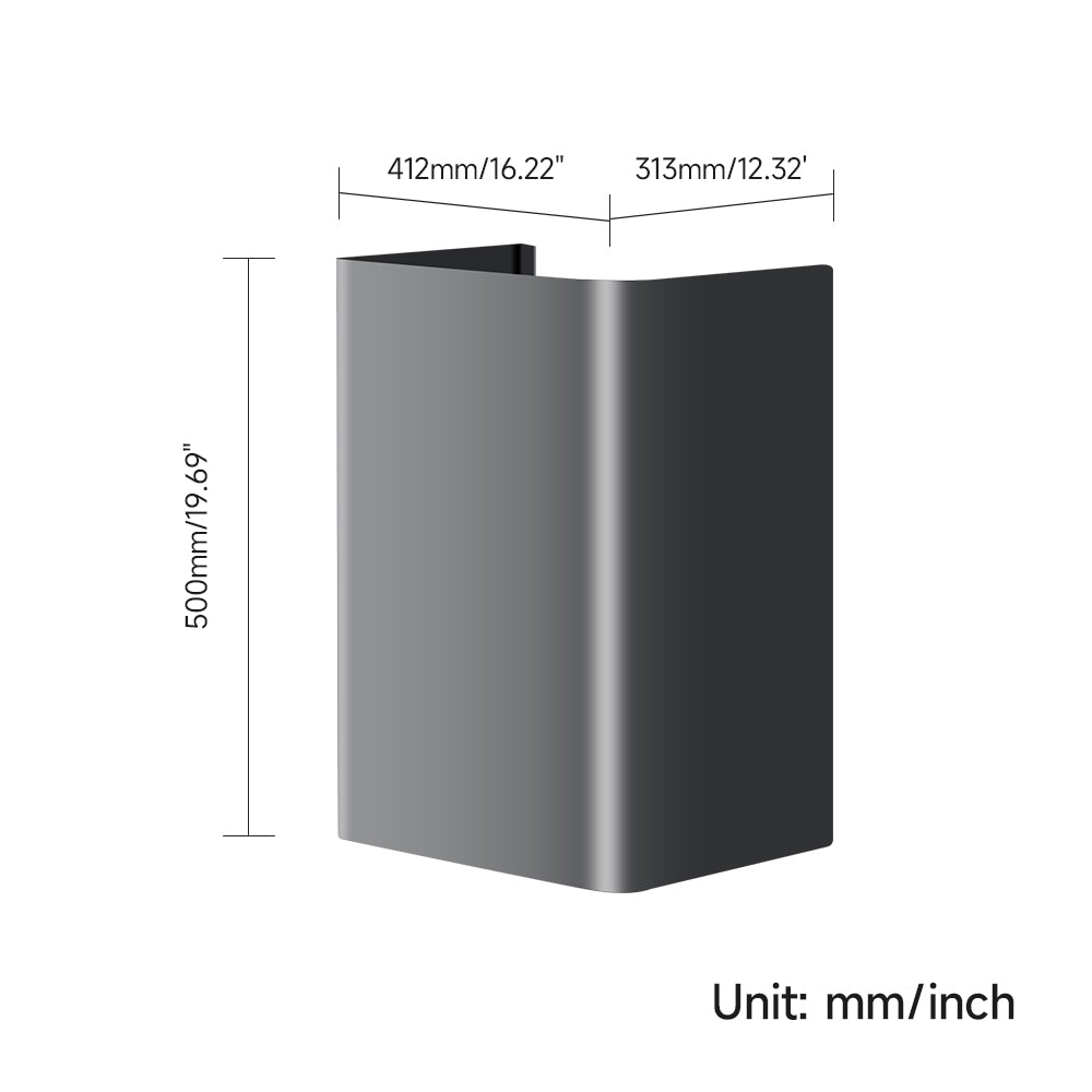 Arspura P1 duct cover extension dimensions: 412mm x 313mm x 500mm. Stainless steel for P1 range hoods.