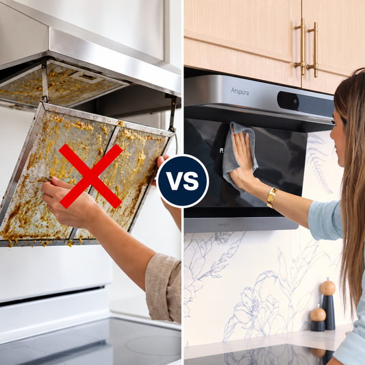 Greasy range hood filter removal marked with a red X versus wiping an Arspura F1 filter-free range hood, with no filters to remove, soak, or scrub.