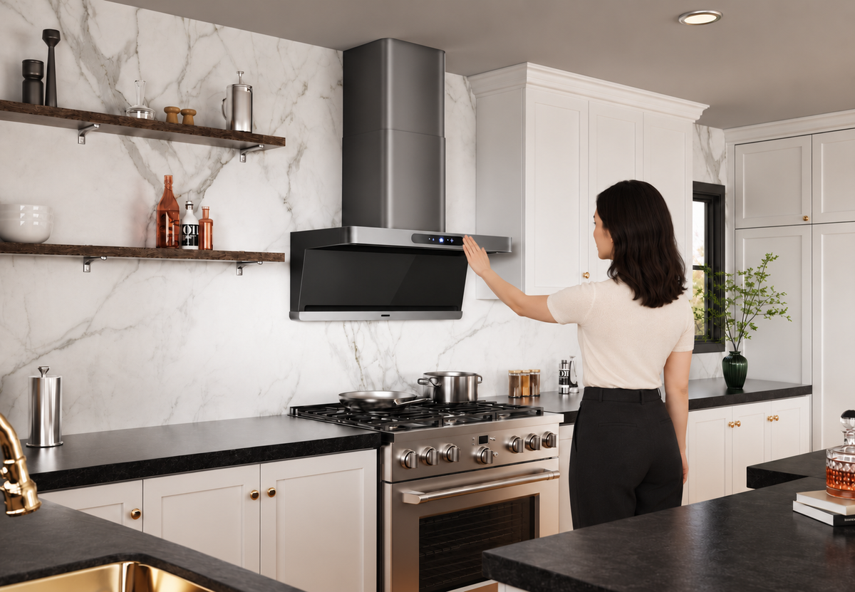 A woman uses touch-free gesture control on the Arspura F1 range hood, holding her hand in front of the illuminated control panel in a modern kitchen.