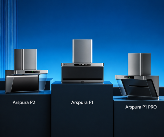 Arspura P2, F1, and P1 PRO range hoods displayed from left to right on dark pedestals against a blue background, with white model labels beneath each hood.