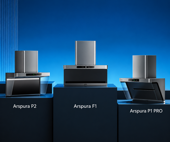Arspura P2, F1, and P1 PRO range hoods displayed from left to right on dark pedestals against a blue background, with white model labels beneath each hood.