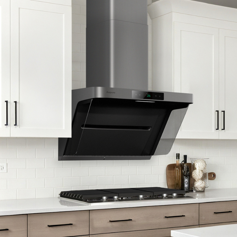 Modern wall-mounted range hood with angled black glass canopy and stainless steel chimney, installed above gas cooktop in contemporary kitchen with white shaker cabinets, subway tile backsplash, and taupe lower cabinets