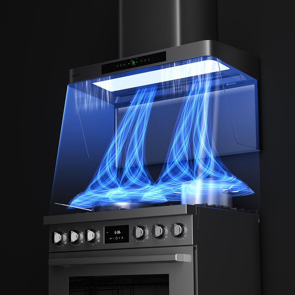 Arspura P2 range hood above a gas stove, with blue airflow lines illustrating IQV Total Capture technology guiding cooking fumes toward the hood.