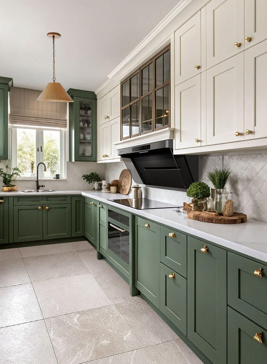 Elegant L-shaped kitchen featuring sage green lower cabinets with gold hardware, white upper cabinets, glass-front display cabinet, black angled wall-mount range hood, white countertops, diamond-pattern backsplash, and natural light from window