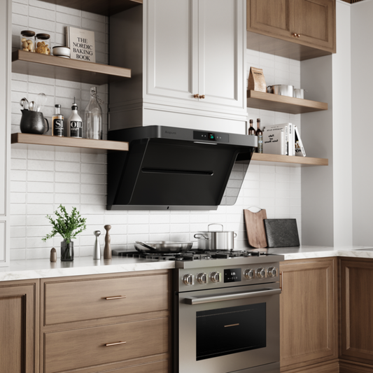 Black range hood installed in modern kitchen to prevent fireplace smoke