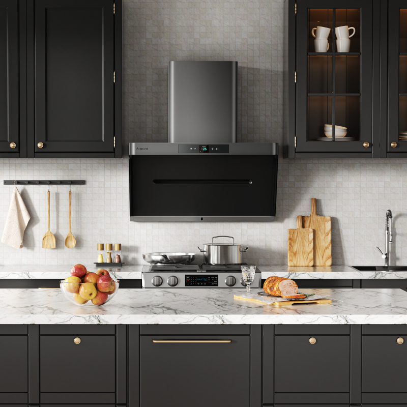 Modern black and stainless steel wall-mounted range hood installed in a contemporary kitchen with dark cabinets and marble countertops