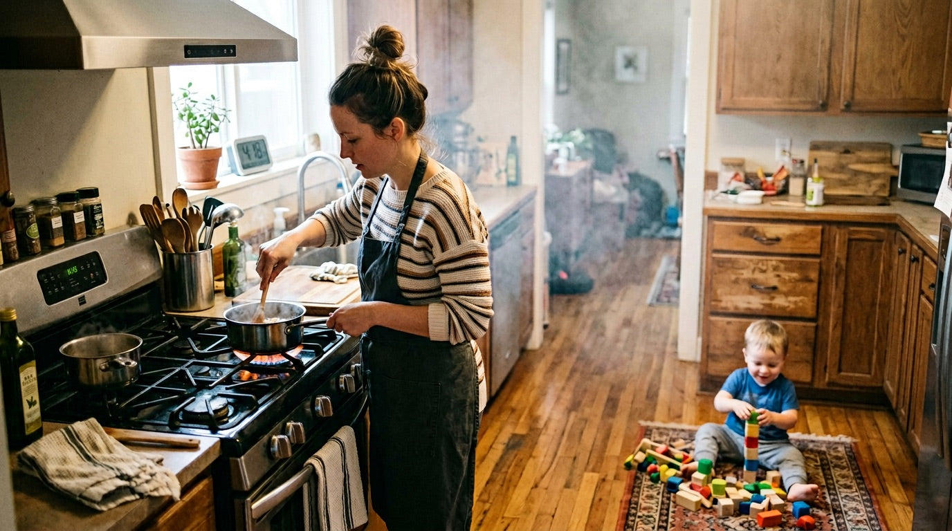 Parent cooking at gas stove with toddler nearby showing kitchen air quality risk