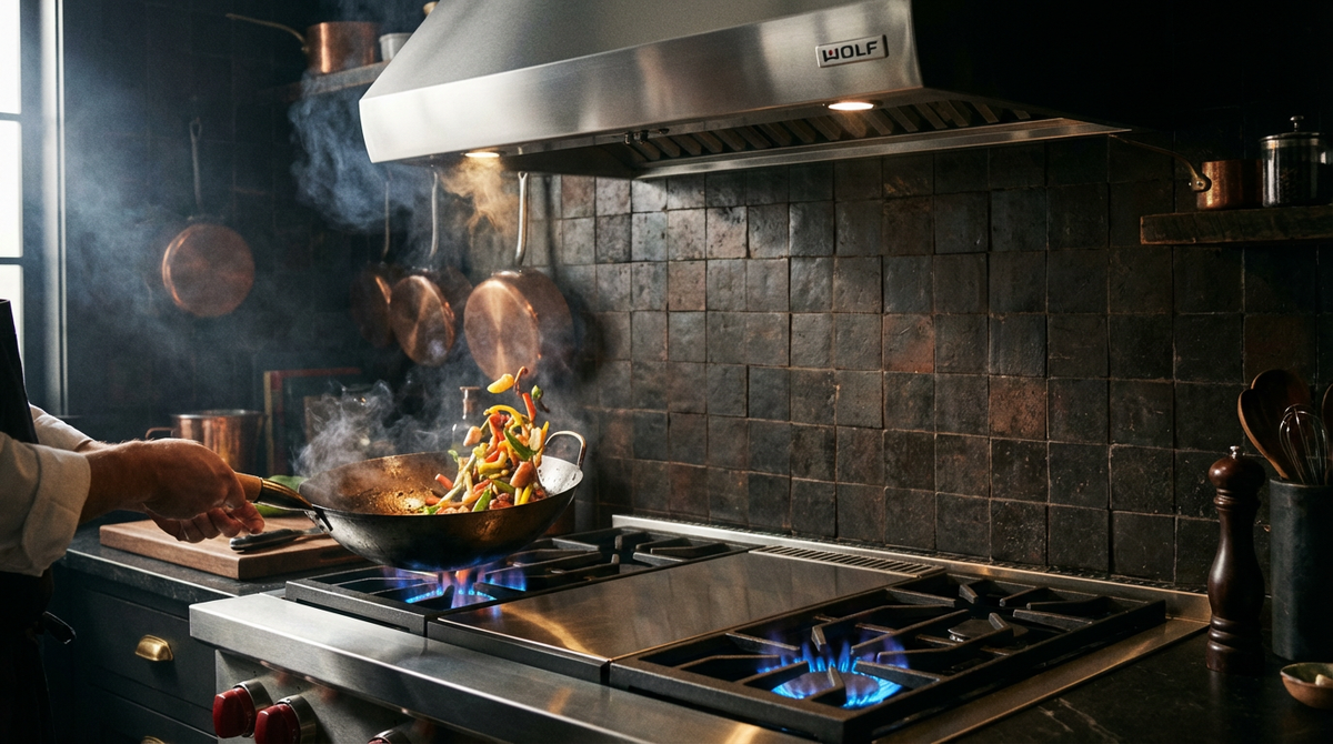 Wok cooking on gas stove with blue flames and smoke rising toward stainless steel range hood