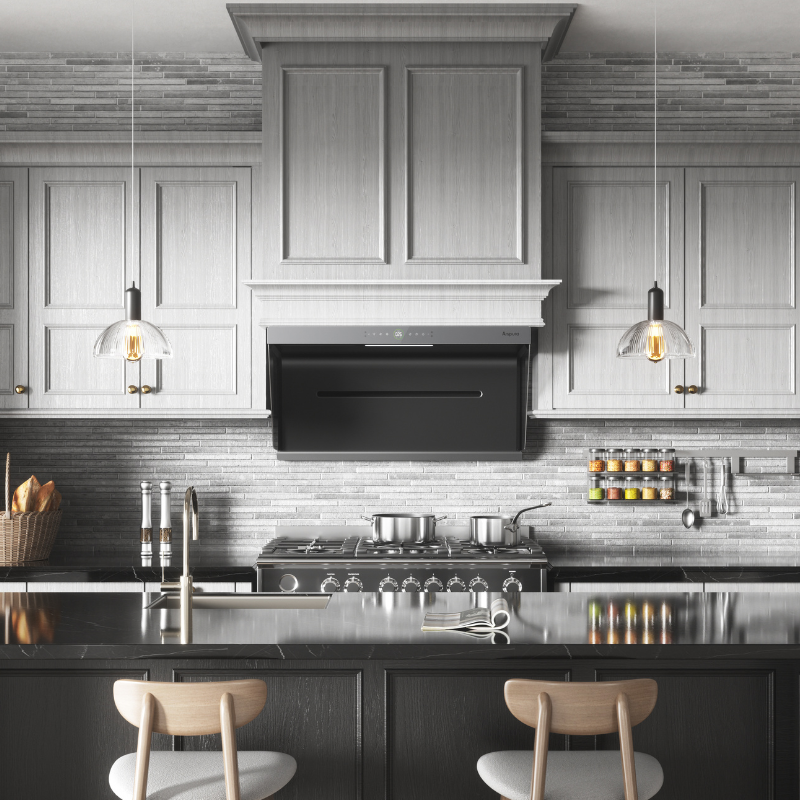 Contemporary gray kitchen with black wall-mount range hood and island seating
