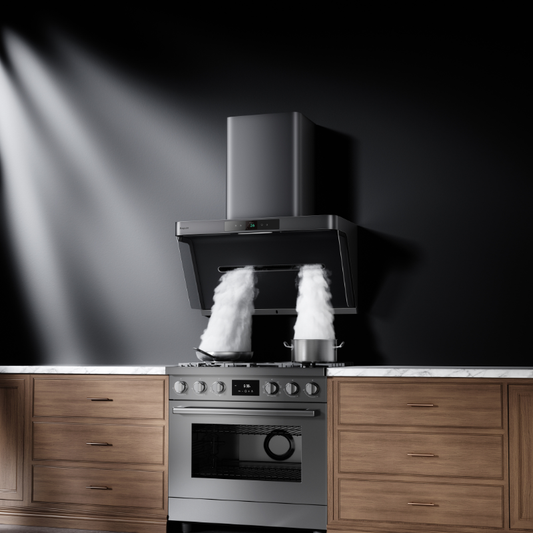 Black range hood capturing steam from dual cooking pots on gas stove
