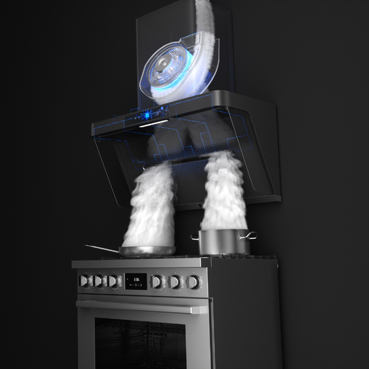 Side cutaway of intelligent range hood extracting twin columns of steam above a stainless steel stove.