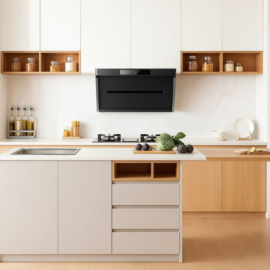 Minimalist modern kitchen with white and natural wood cabinets, black wall-mounted range hood centered above gas cooktop, light wood flooring and clean contemporary design