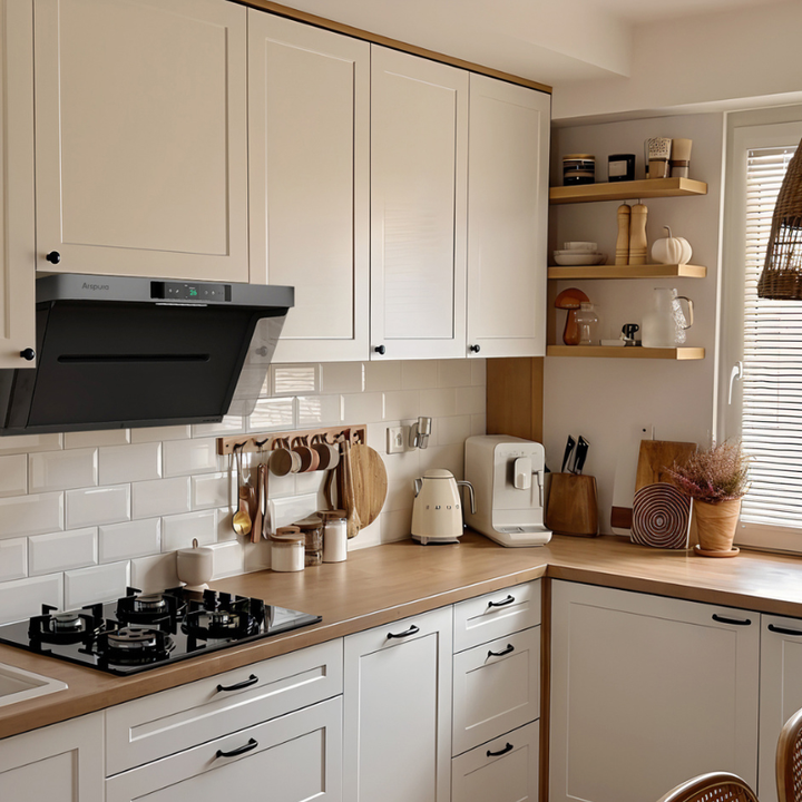 Under-cabinet black range hood installed above gas cooktop in corner kitchen with white cabinets, wood countertops, and subway tile backsplash