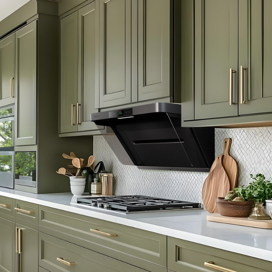 Properly installed range hood at optimal 24-30 inch mounting height in contemporary kitchen for maximum PM2.5 capture efficiency