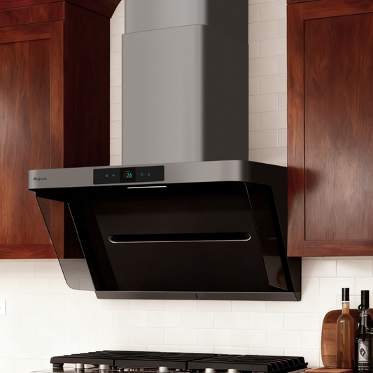 Arspura wall-mounted range hood with angled black glass panel and stainless steel finish, displaying digital temperature reading of 26 degrees, installed above a gas cooktop in a kitchen with dark wood cabinets