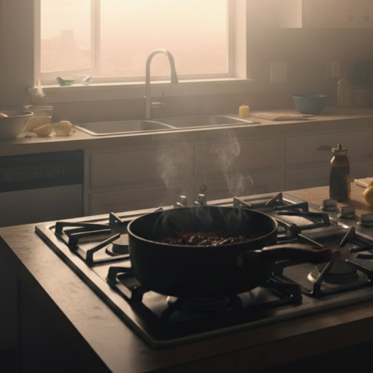 Sunlight illuminating steam and smoke rising from a pot on a stove near a kitchen window