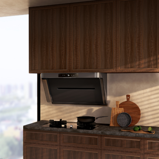 Black wall-mounted range hood installed under wooden cabinets with digital display showing 26 degrees, positioned above gas cooktop