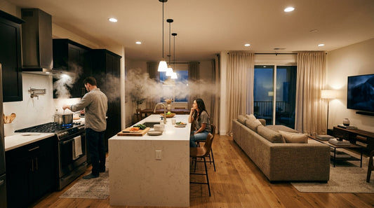 Open concept kitchen with cooking smoke spreading to living room
