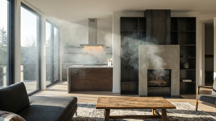 Fireplace smoke backdrafting into living room while range hood operates in open-concept kitchen