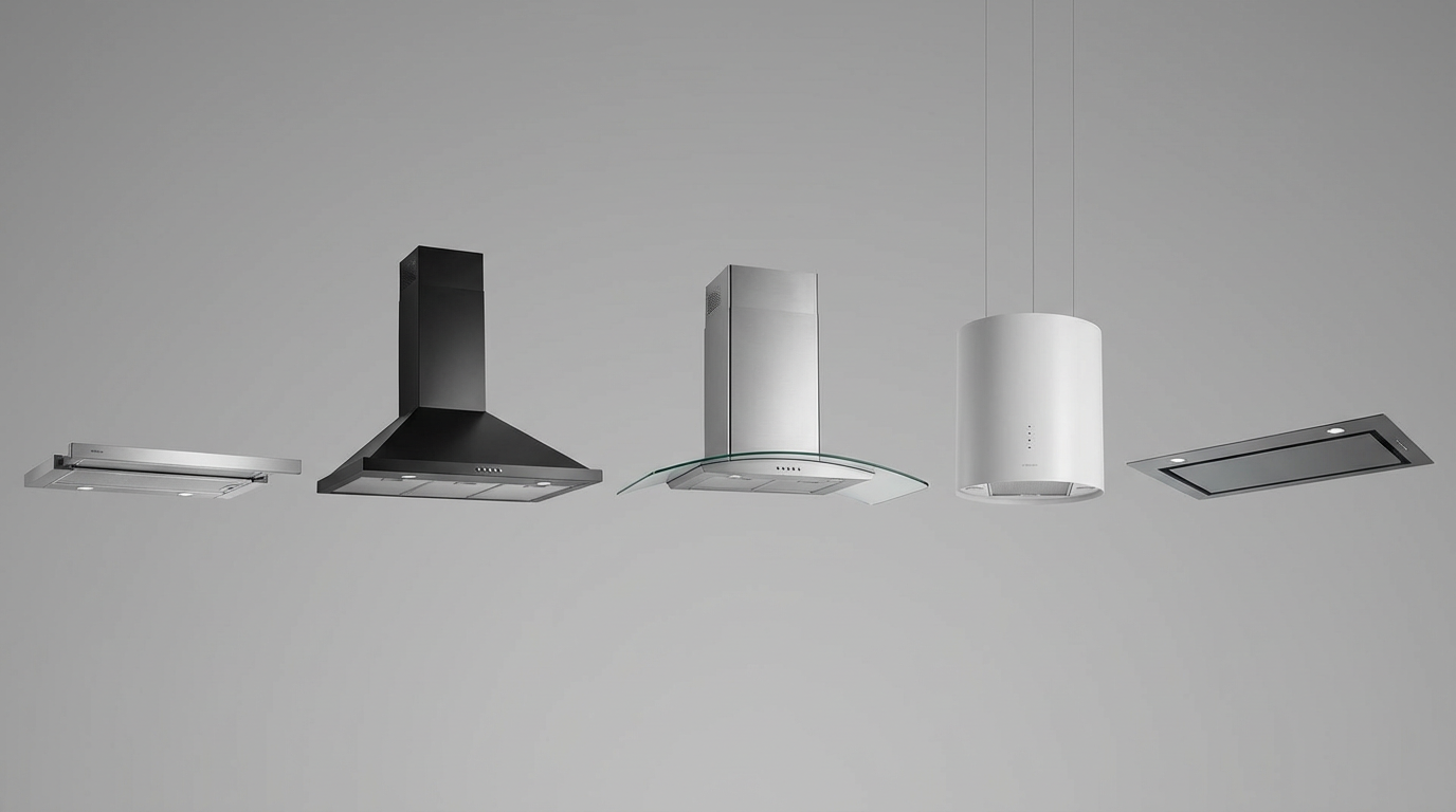 Five different range hood styles lined up showing variety of designs from under-cabinet to island mount