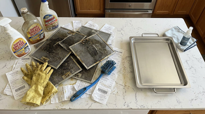 Range hood filter maintenance cost showing used filters and cleaning supplies