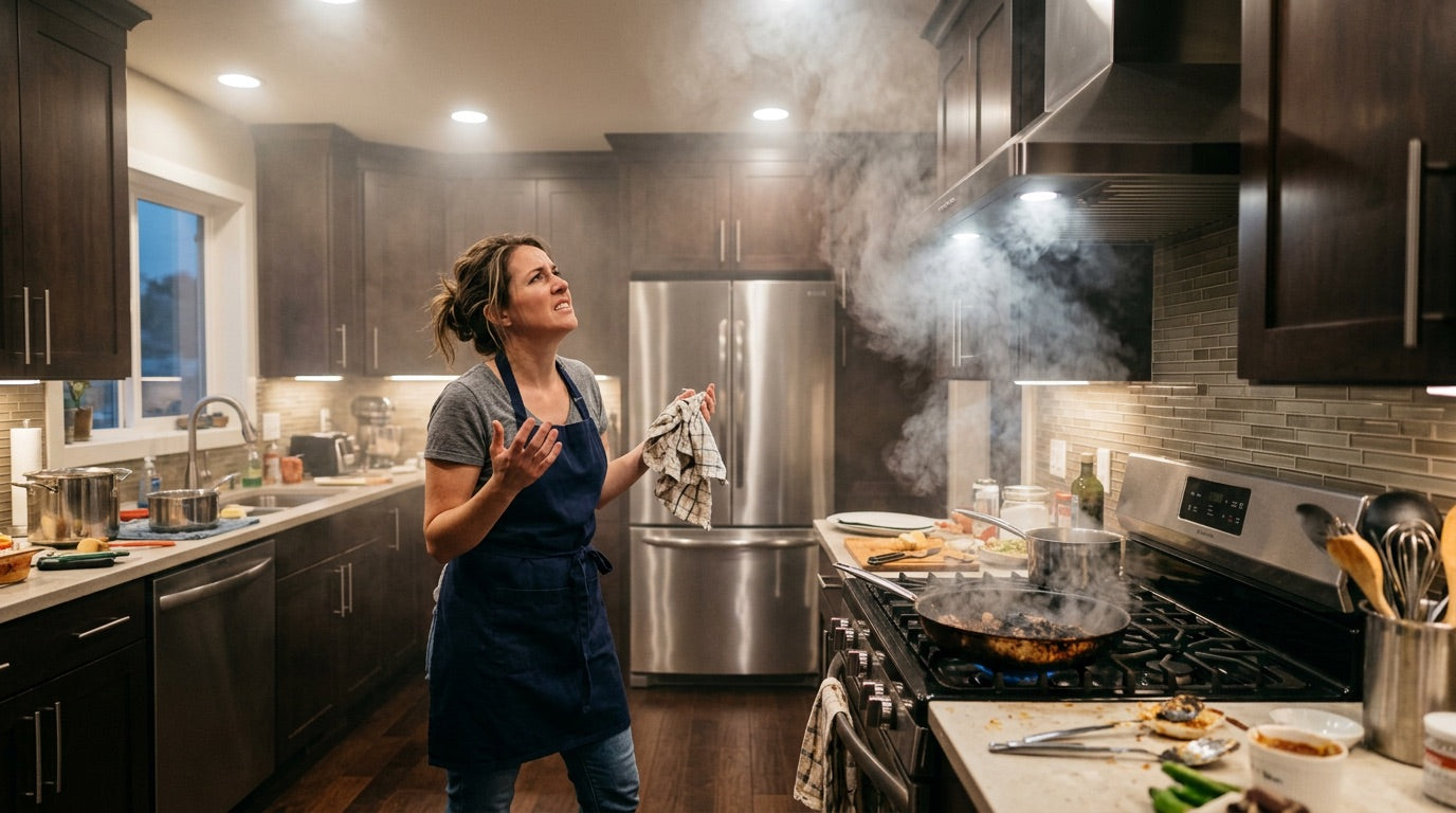 Frustrated homeowner in smoky kitchen with range hood not working
