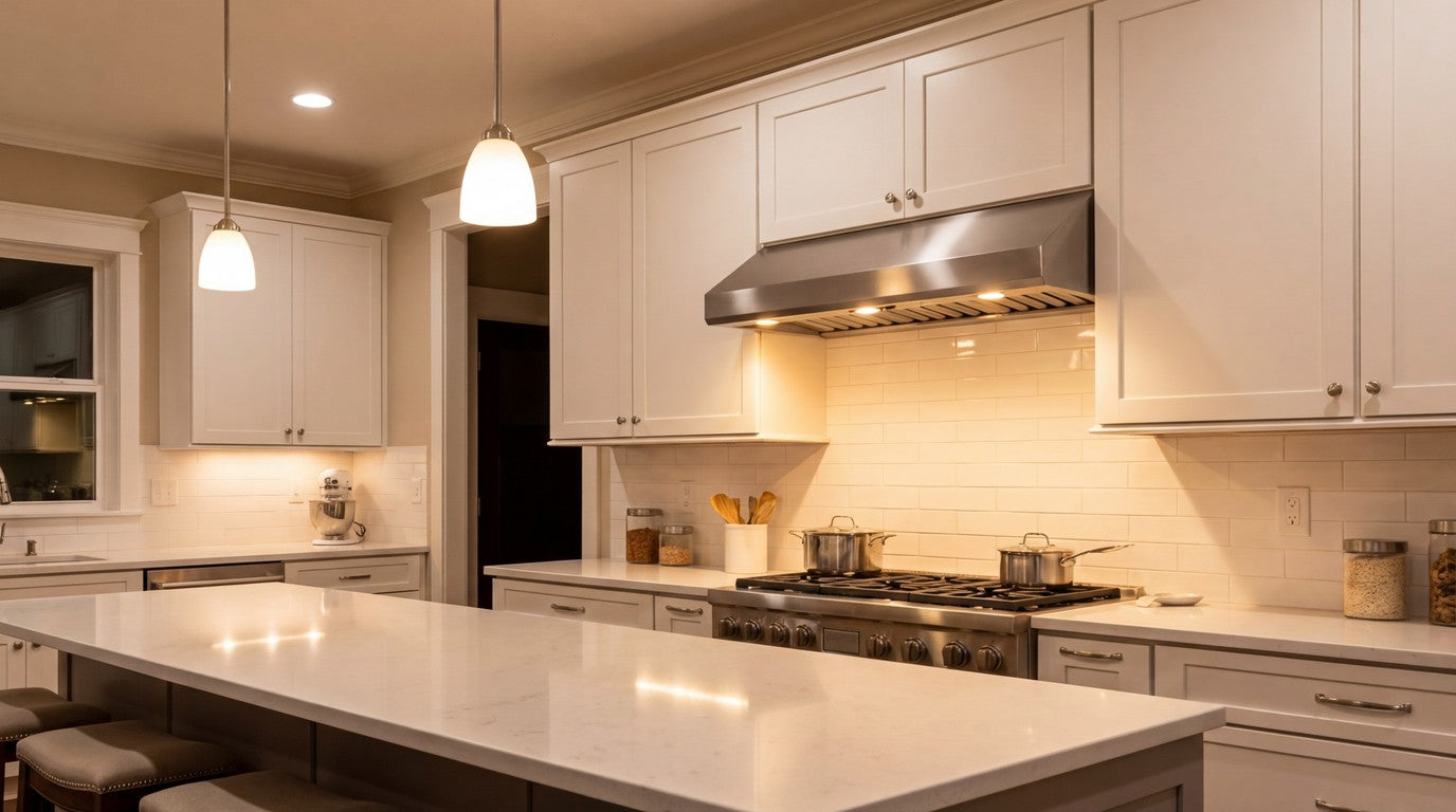 Stainless steel under cabinet range hood installed in modern white kitchen with LED lights