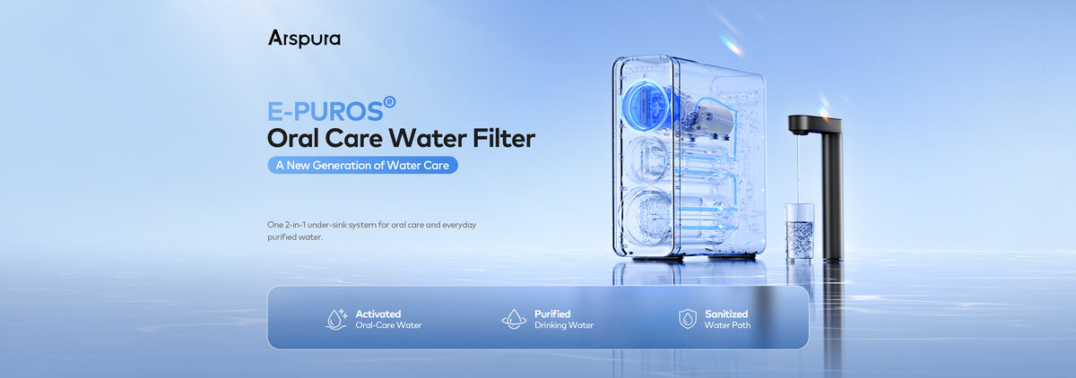 Arspura E-PUROS oral care water filter with a transparent system view and faucet for active oral-care water and purified drinking water.