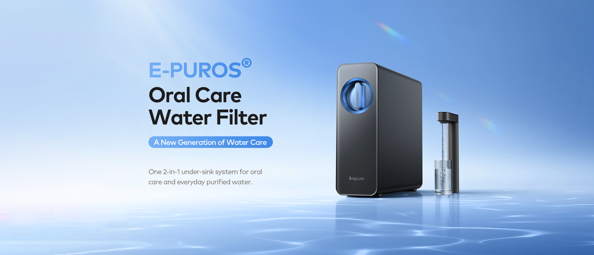 Alt Text：
ARSPURA E-PUROS 2-in-1 under-sink oral care water filtration system with a sleek black design and dedicated oral care faucet.