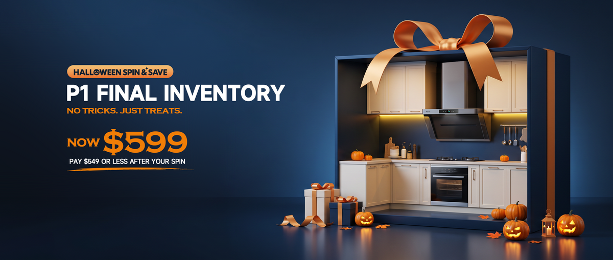 Arspura P1 range hood in a Halloween-themed kitchen with pumpkins and a gift bow, promoting the final inventory clearance and Spin & Save event.