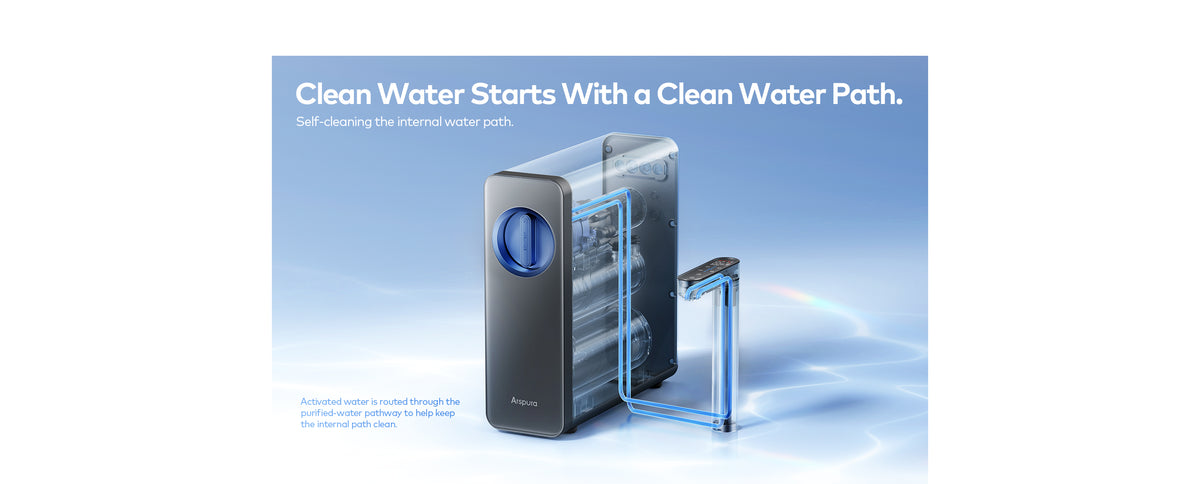 Cutaway view of the E-PUROS water filter showing the internal water path through the system and faucet.