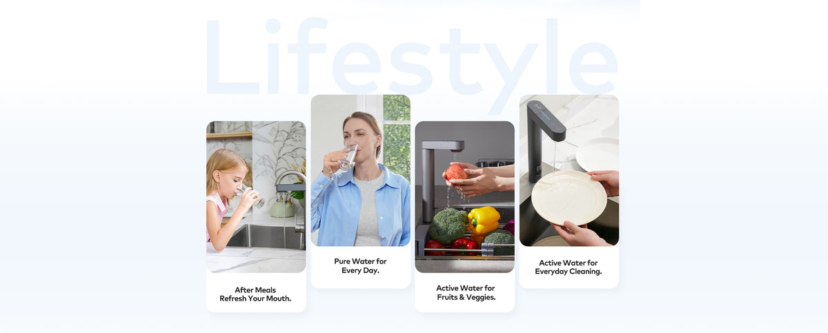 E-PUROS water system used for oral rinsing, daily drinking, washing fruits and vegetables, and cleaning dishes.
