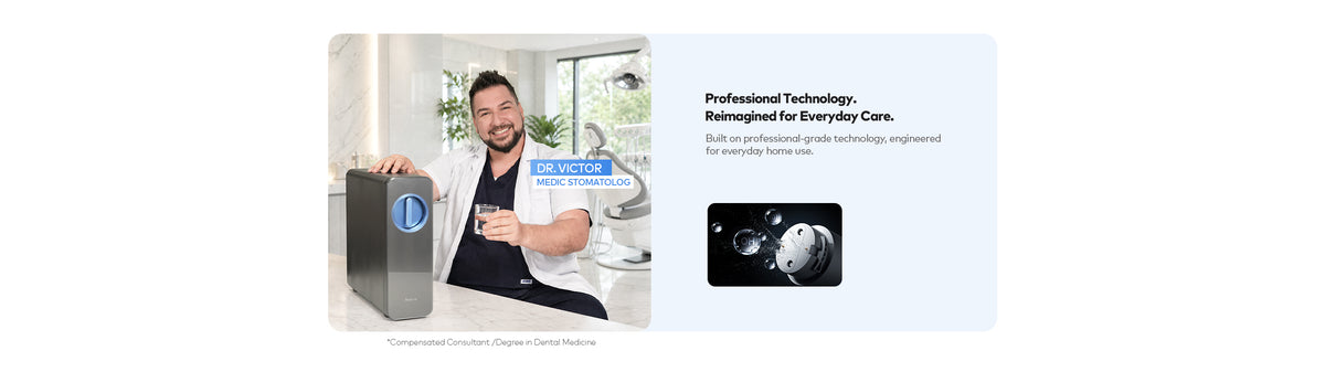 Man in a white coat presenting the E-PUROS oral care water filter in a dental setting.